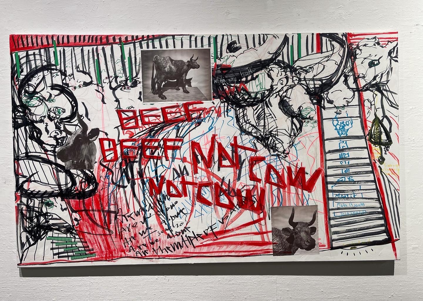 Large drawing and collage from beef, beef, not cow, not cow