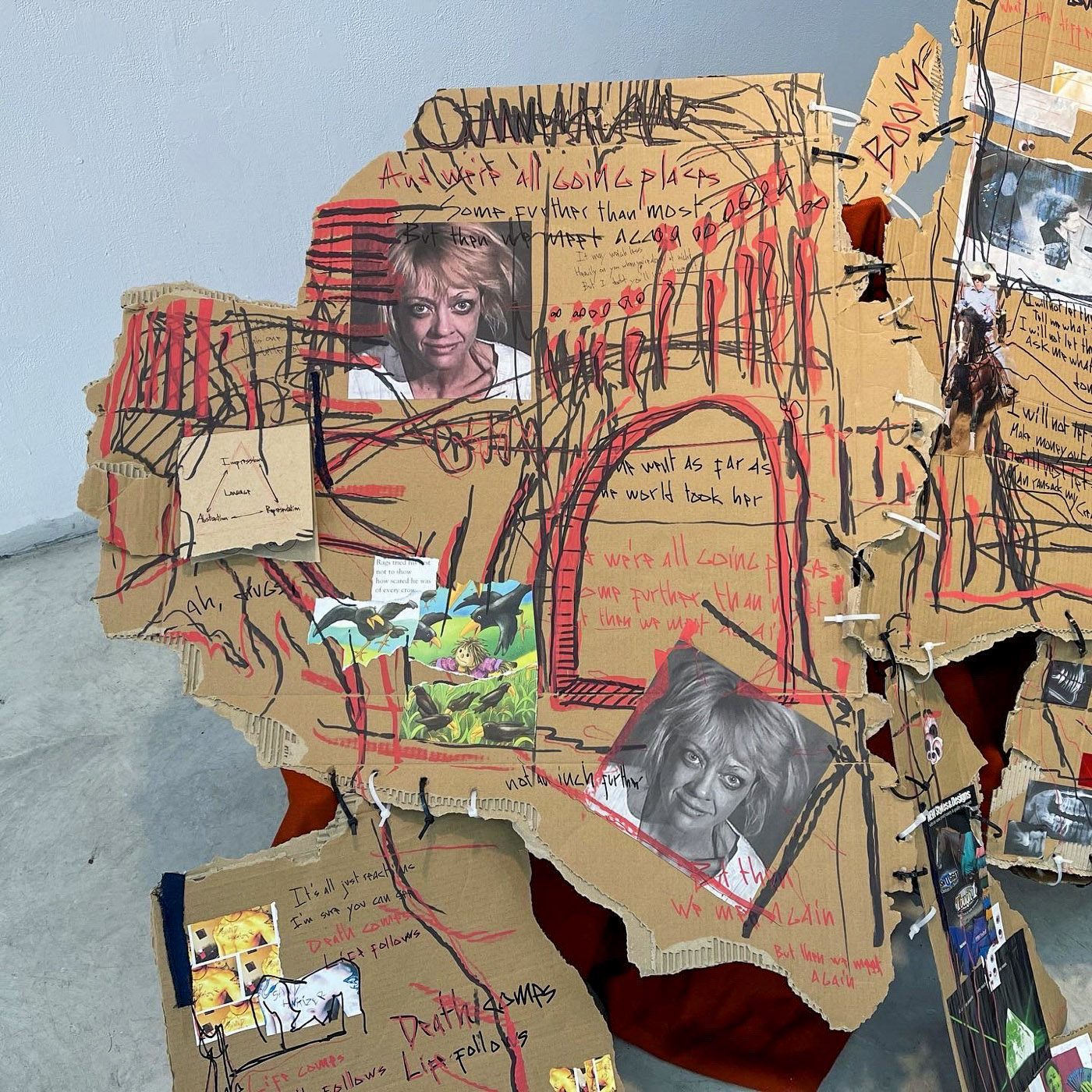 Layered writing, found images, tears and cable-tie joins from cuts/stitches