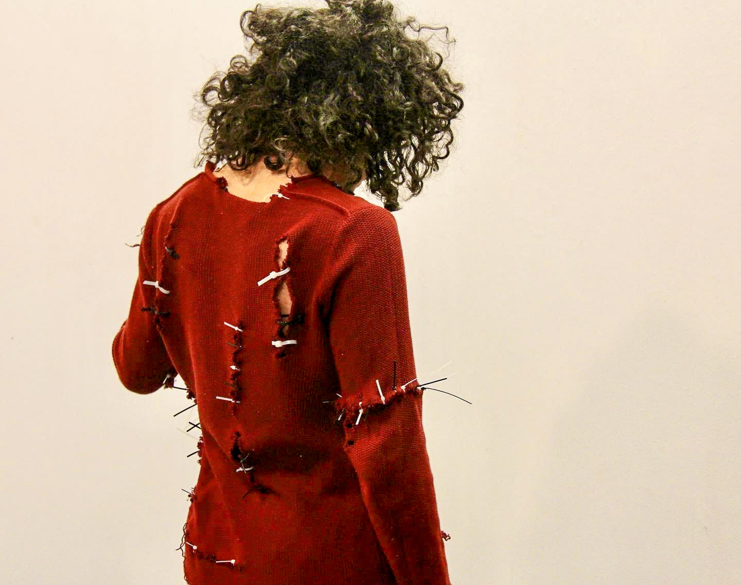 Back view of Cope, showing tears joined with black and white cable ties