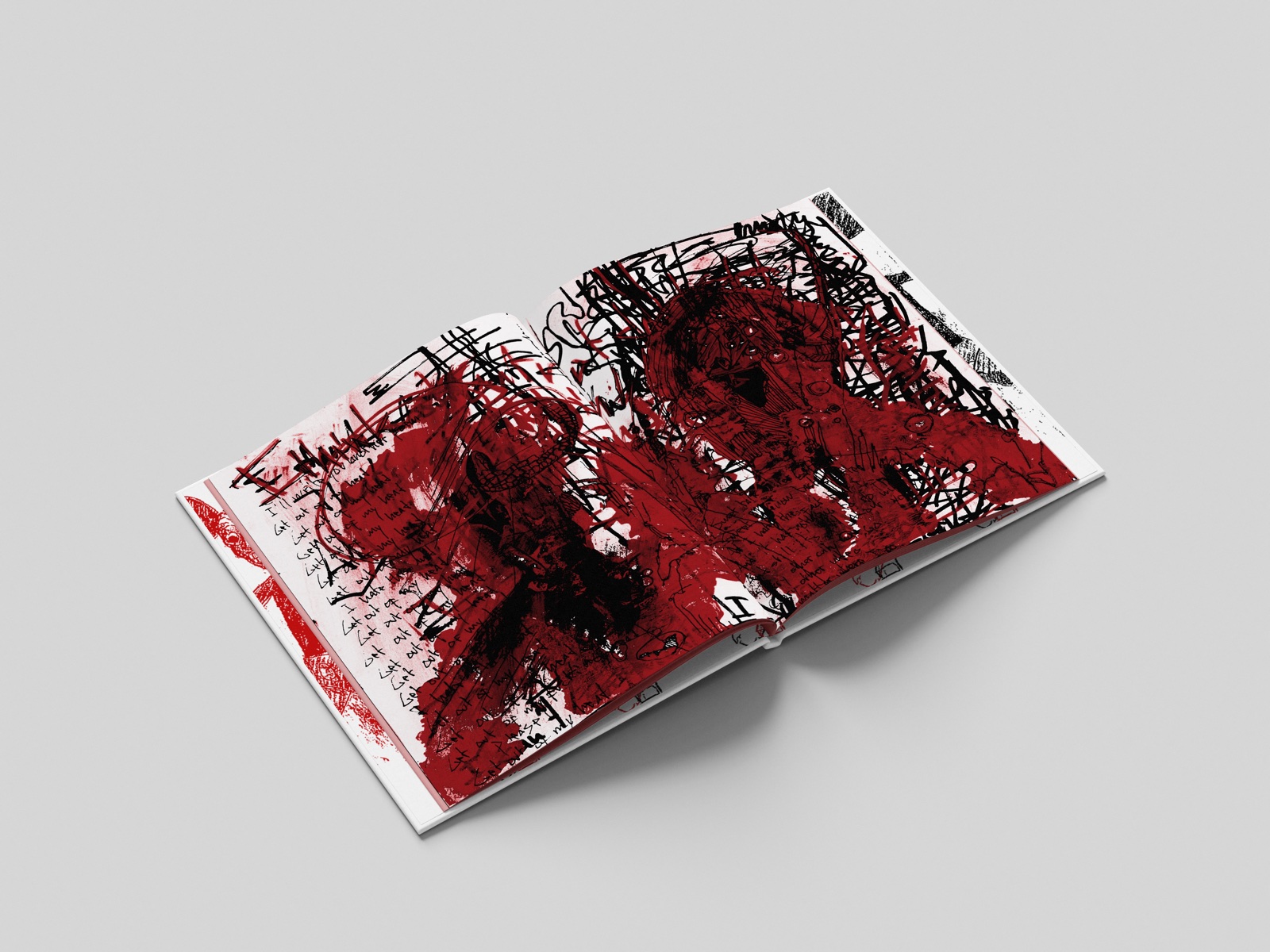 Red and black interior spread from Drawings, Vol. 1