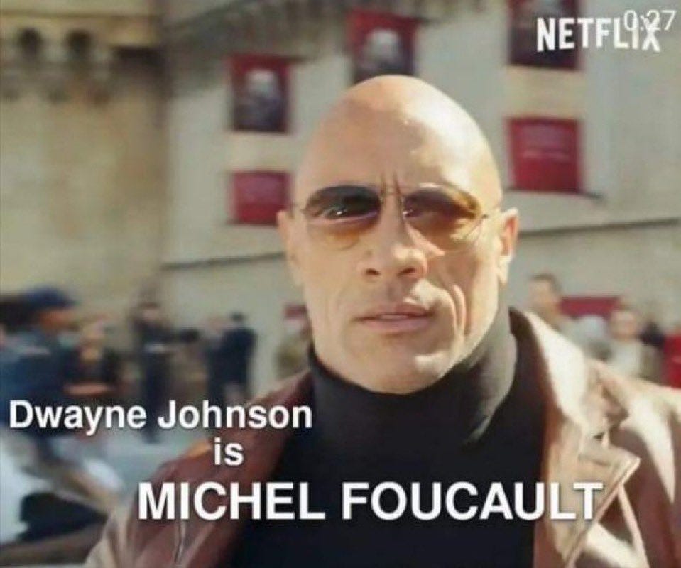 Dwayne Johnson pictured as Michel Foucault, original artwork for Fascism Here / Fascism There
